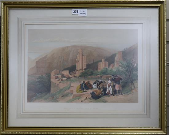 After David Roberts, 2 colour lithographs, Descent upon The Valley of Jordan and Remains of a Triumphant Arch at Petra overall 40 x 53c